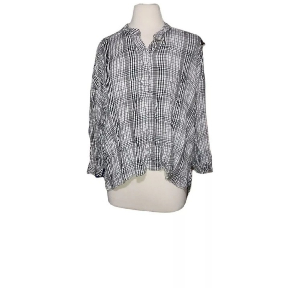 Lou & Grey S High Low Flannel Button Down Shirt Gray White Checked Plaid…